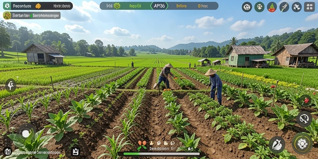 Screenshot menunjukkan gameplay seru pertanian di API36.