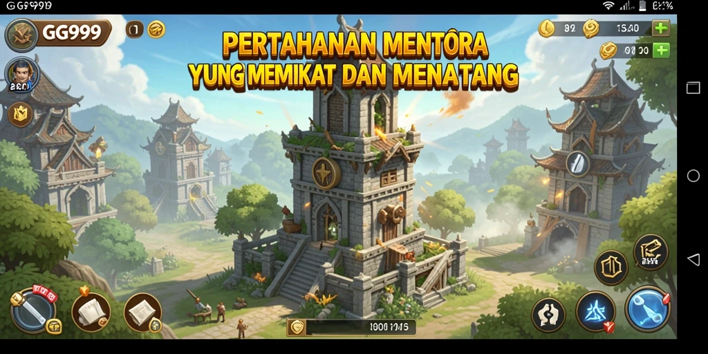 Screenshot gameplay GG999 dengan menara pertahanan yang strategis dan musuh yang menyerang.