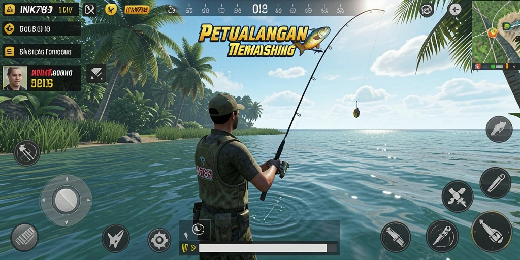 Tampilan gameplay menonjolkan keseruan memancing di lokasi yang indah.