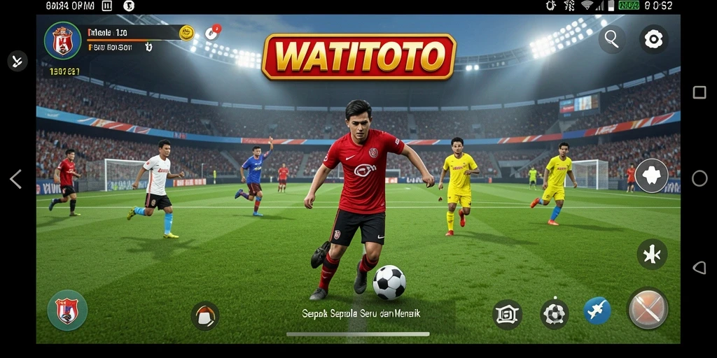 Tangkapan layar utama WATITOTO menunjukkan aksi sepak bola yang mendebarkan.